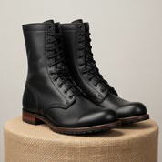 Men's Black Punk Combat Leather Boots - pedestal-view