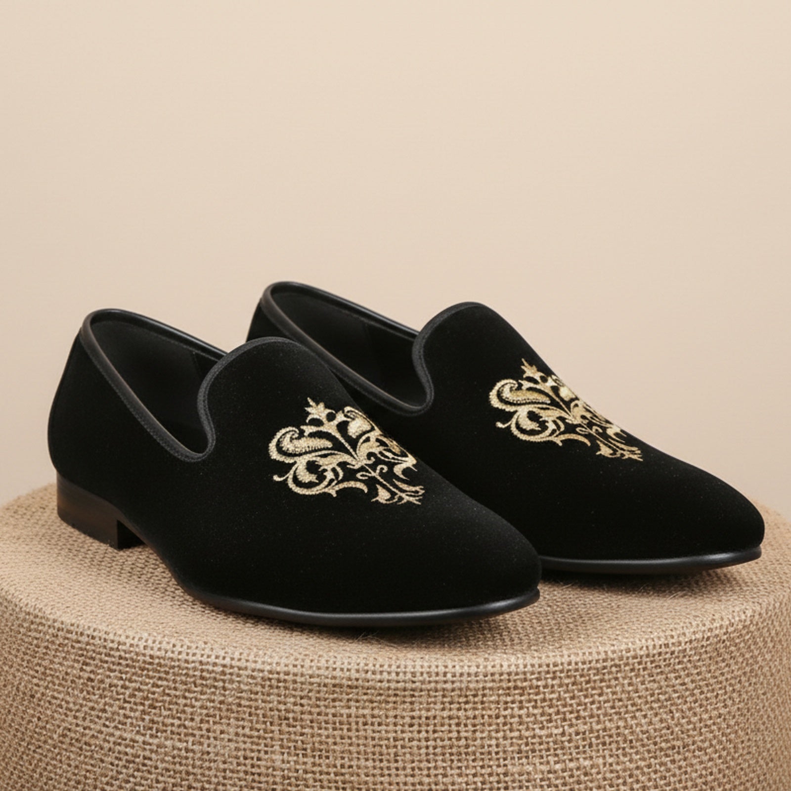 Men's Black Velvet Embroidered Loafers with Leather Sole - pedestal-view
