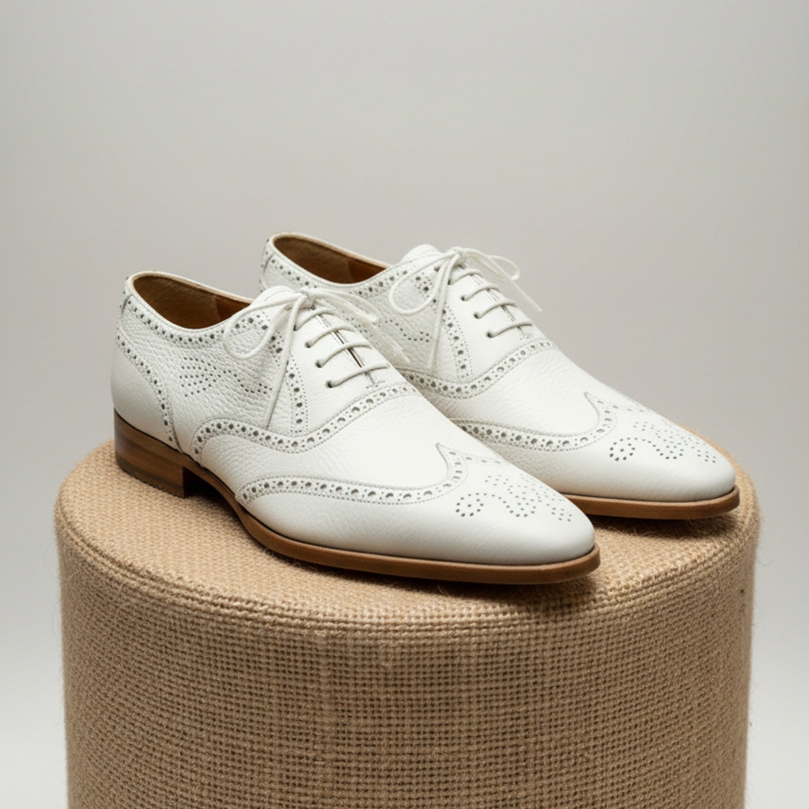 Men's White Leather Wingtip Brogue Dress Shoes - pedestal-view