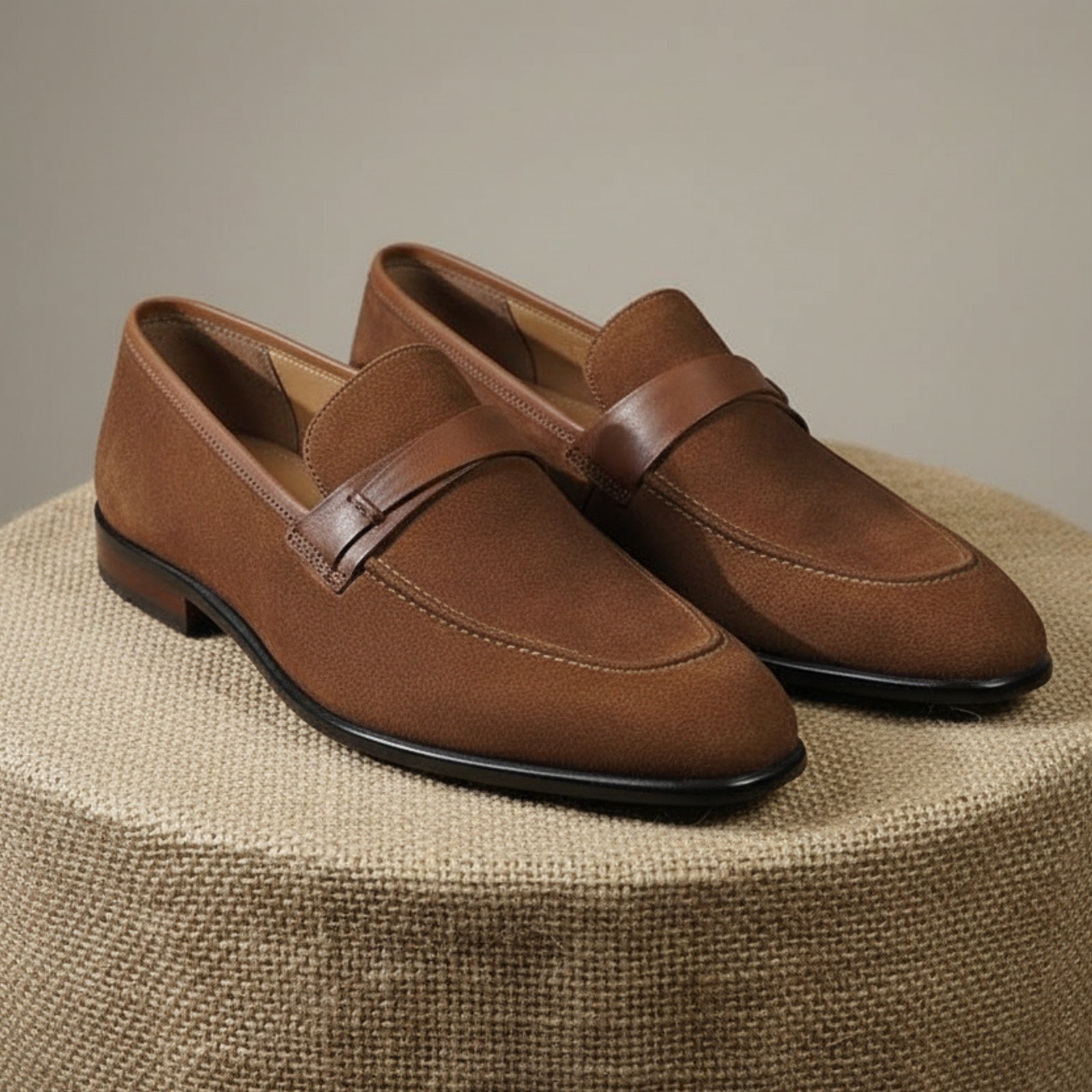 Men's Brown Suede Penny Loafers - pedestal-view