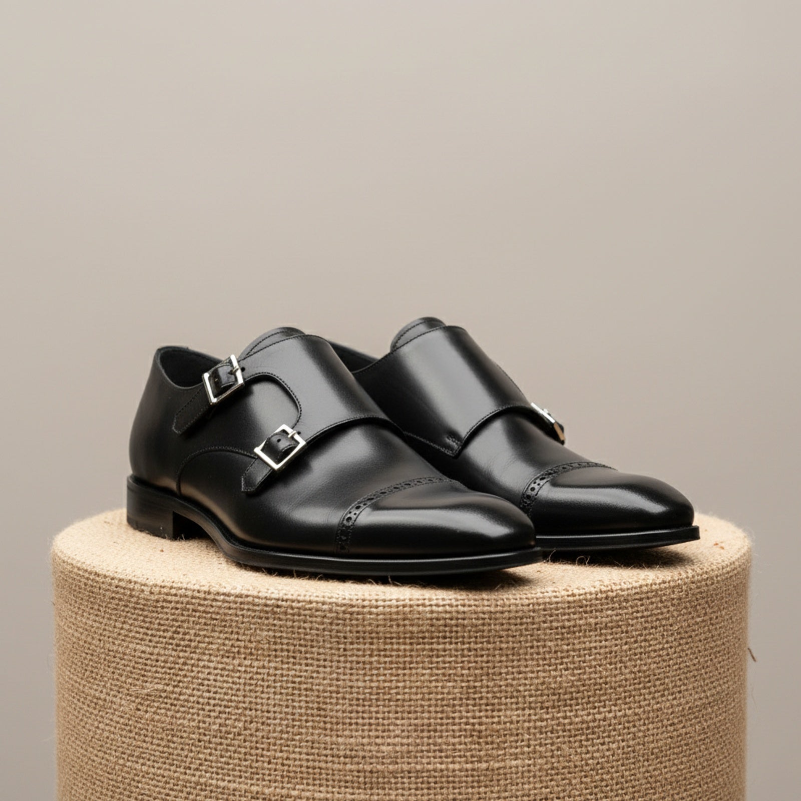 Men's Black Leather Monk Strap Shoes - pedestal-view