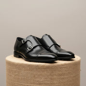 Men's Black Leather Monk Strap Shoes - pedestal-view