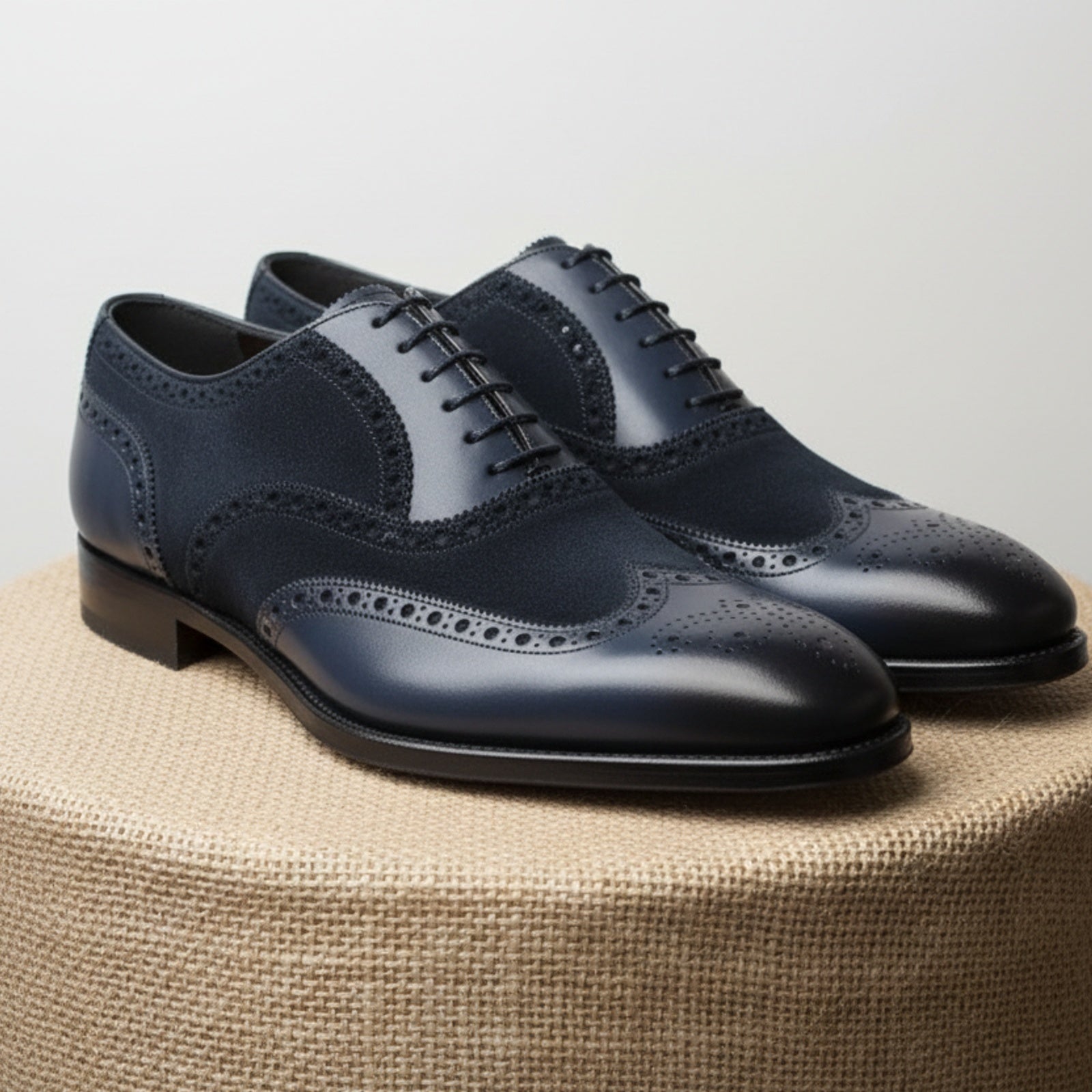 Men's Black Suede & Leather Wingtip Shoes - pedestal-view