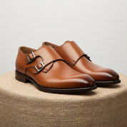 Men's Tan Brown Leather Double Monk Chukka Boots - pedestal-view
