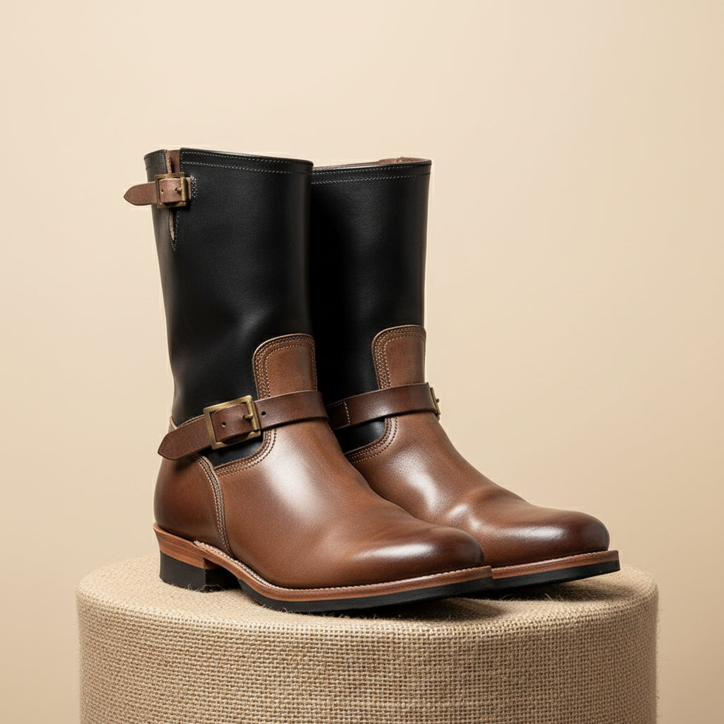 Men's Tan & Black Two-Tone Leather Biker Boots - pedestal-view
