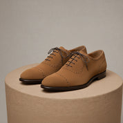 Handmade Mens Beige Color Suede Brogue Dress Shoes, Men Oxford Formal Shoes - pedestal-view