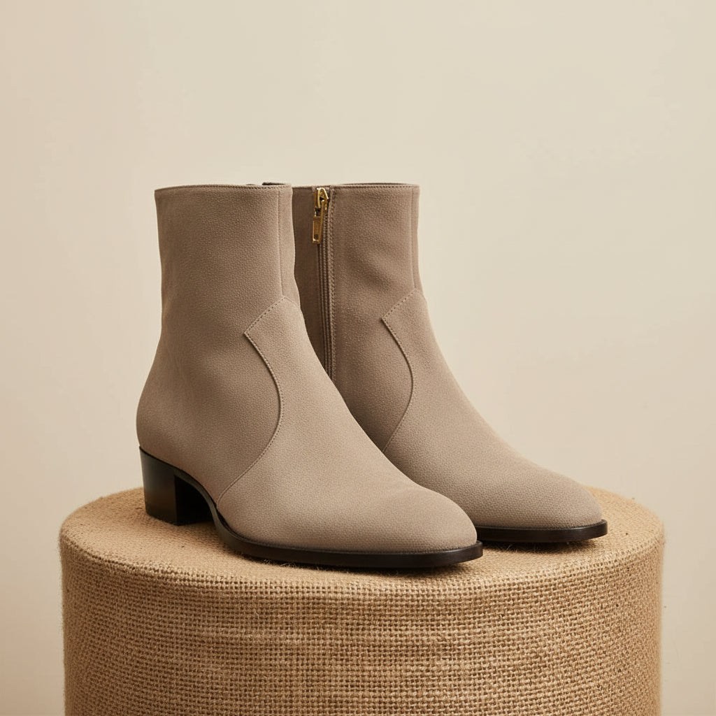 Men's Beige Suede Ankle Boots with Zipper Closure - pedestal-view