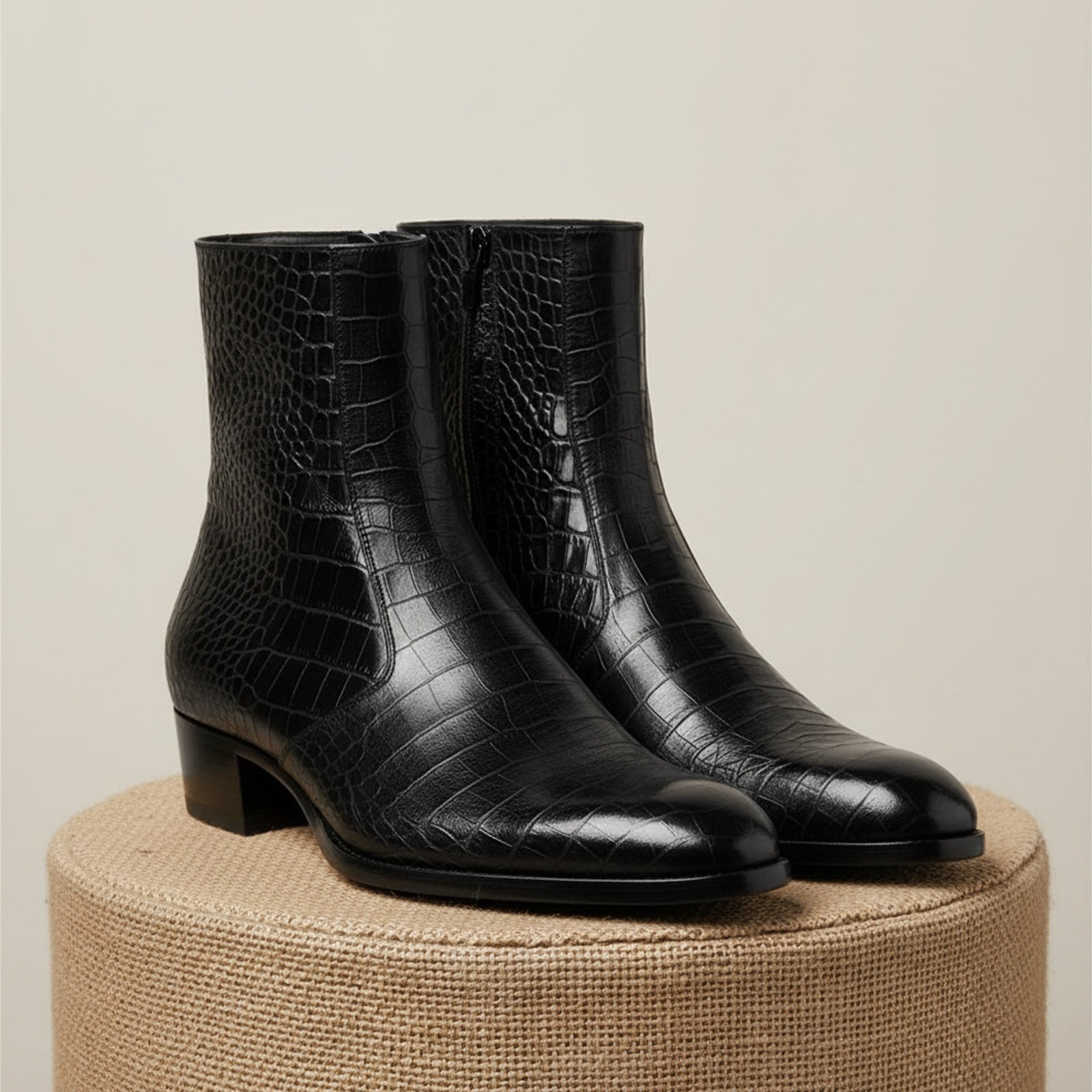 Men's Black Crocodile Zipper Leather Boots - pedestal-view