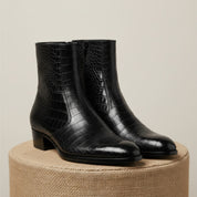 Men's Black Crocodile Zipper Leather Boots - pedestal-view