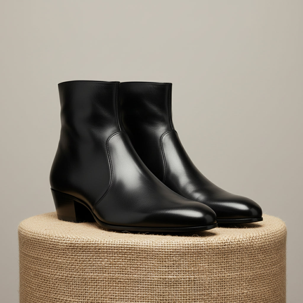 Men's Black Leather High Heel Dress Boots - pedestal-view