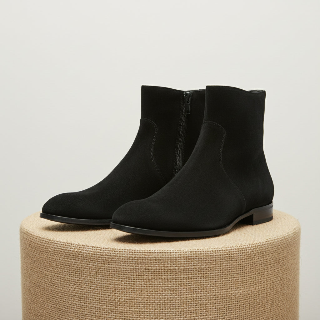 Handmade Mens Black Side Zipper Suede Leather Boots, Mens Ankle High Suede - pedestal-view