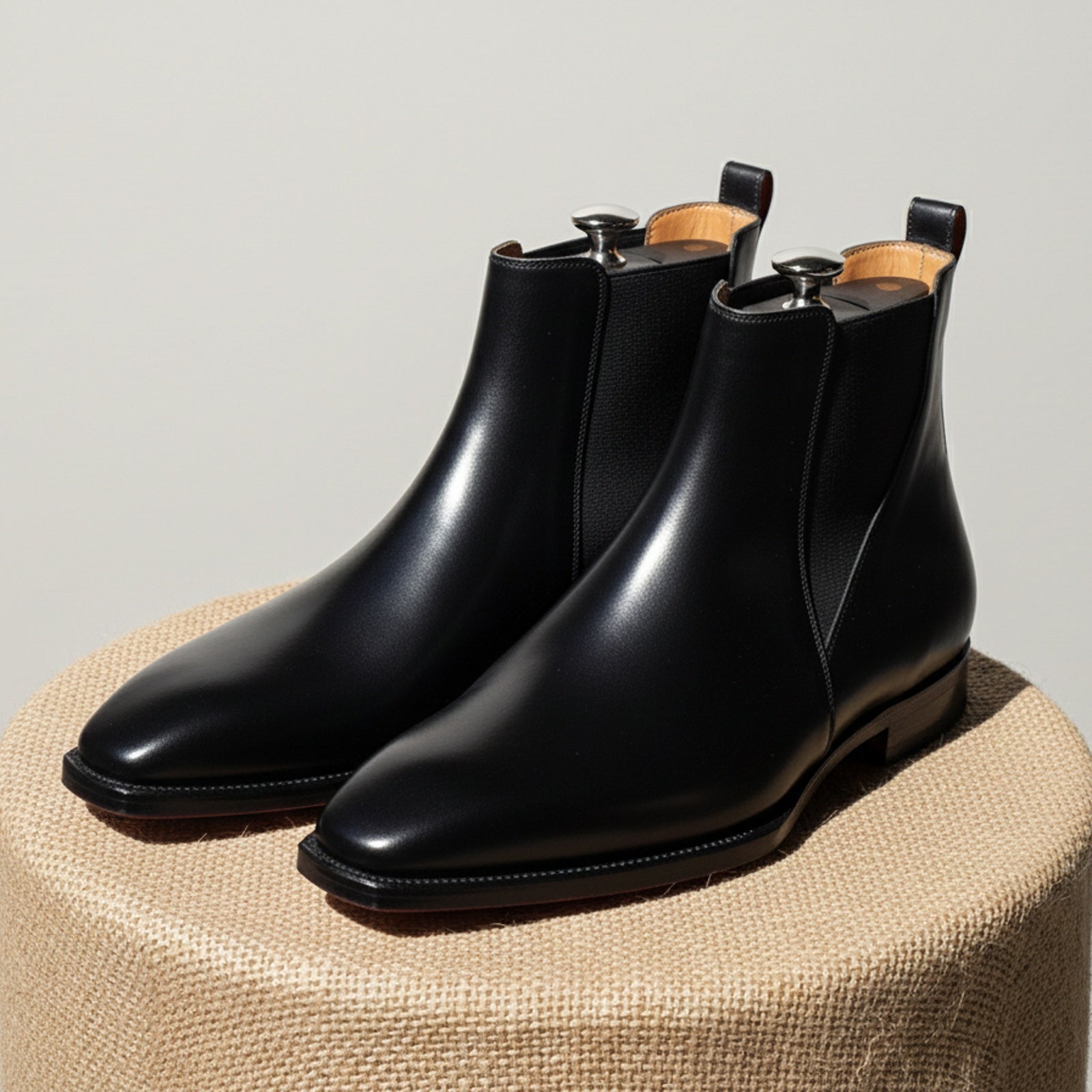 Men's Black Leather Square Toe Chelsea Boots - pedestal-view