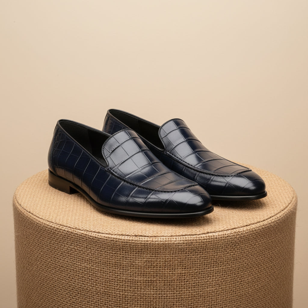Handmade Mens Blue Alligators Shoes, Men Blue Crocodile Penny Loafer - pedestal-view