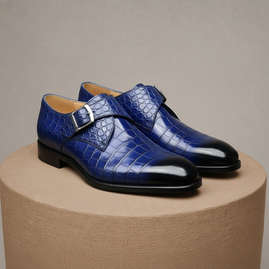 Handmade Mens Blue Crocodile Embossed Monk Shoes, Men Blue Dress Shoes - pedestal-view