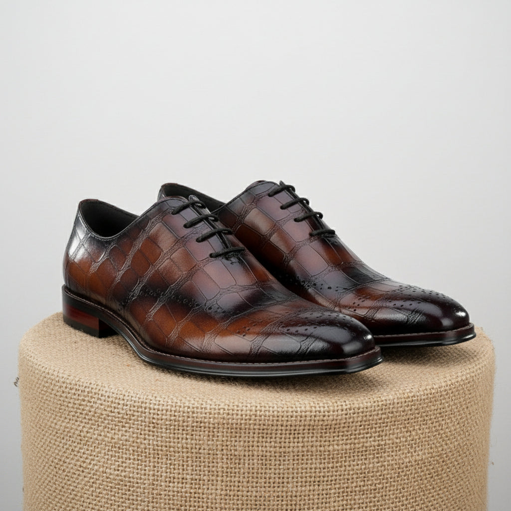 Men's Brown Leather Crocodile-Pattern Oxfords - pedestal-view