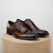 Men's Brown Leather Crocodile-Pattern Oxfords - pedestal-view