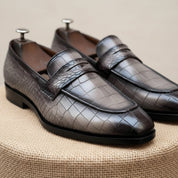 Men's Gray Crocodile Leather Moccasin Dress Shoes - pedestal-view