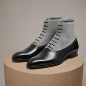 Handmade Mens Fashion Gray and Black Akle Boots, Men Suede Leather Boots - pedestal-view