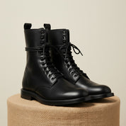Men's Black Genuine Leather Lace-Up Combat Boots - pedestal