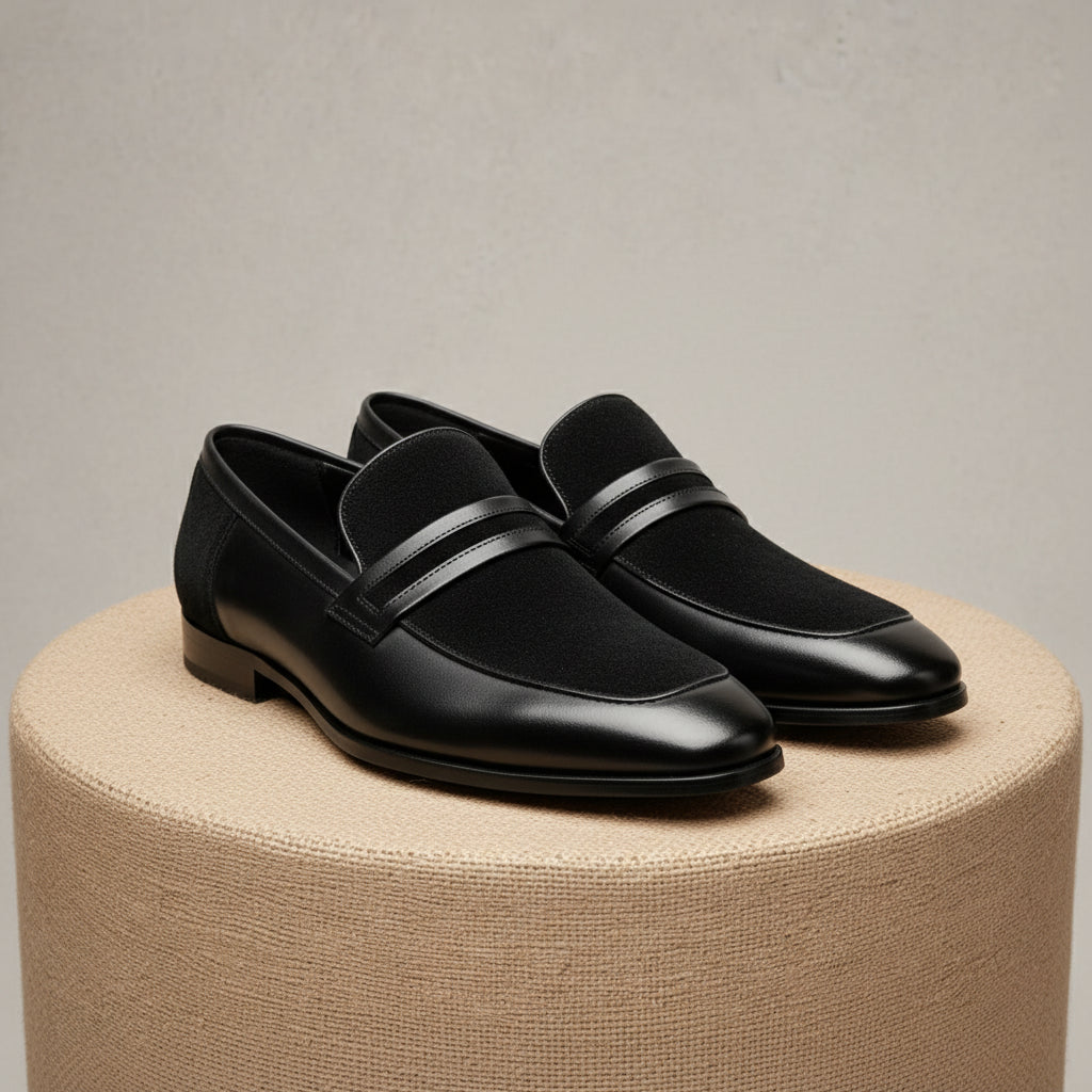Handmade Mens Leather Shoes, Men Formal Slip on Leather Moccasin Dress Shoe - pedestal-view