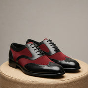 Handmade Mens Oxford Wing Tip Suede and Calf Leather Black and Red - pedestal-view