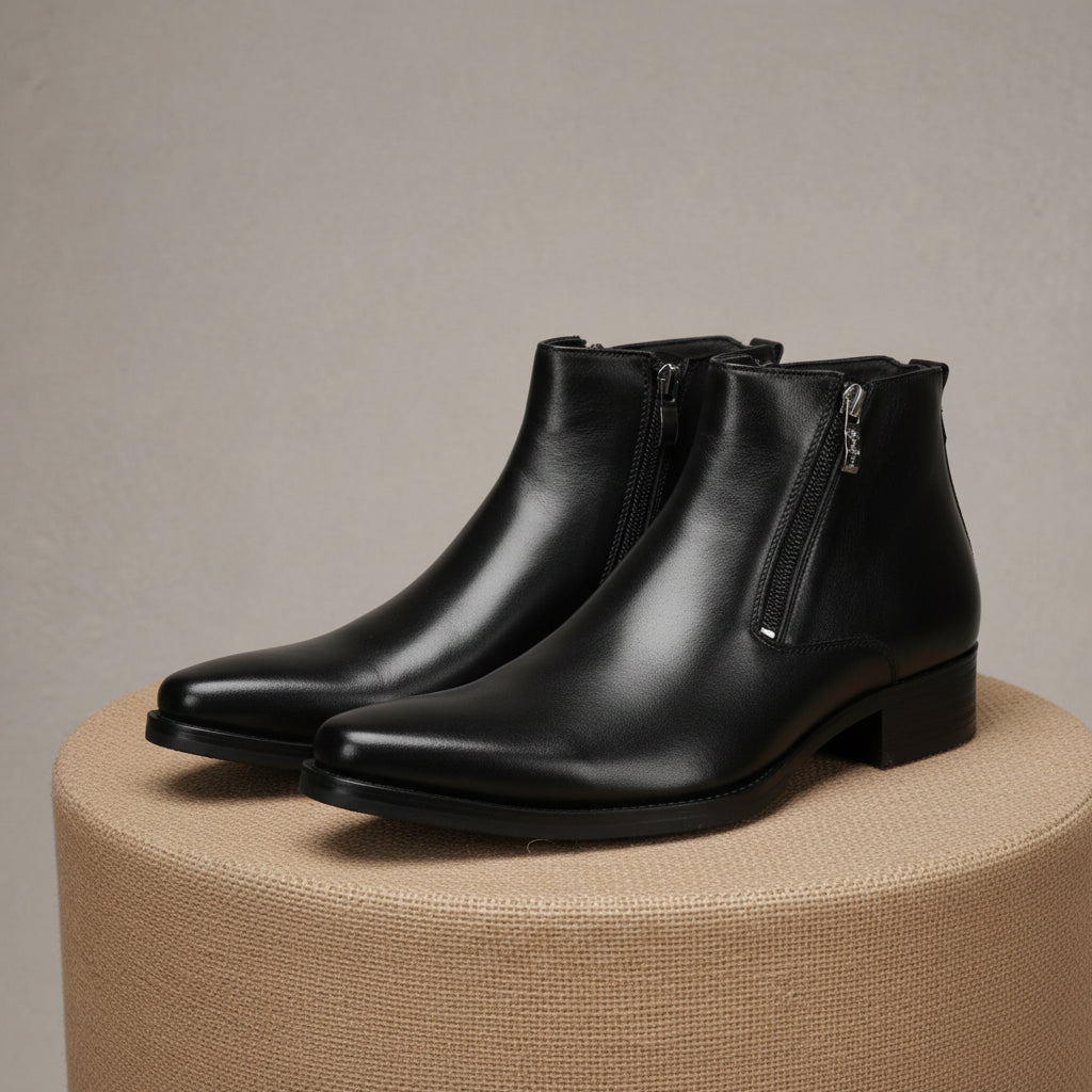 Handmade Mens Pointed Toe Boots, Men Black Zipper Ankle Boot, Fashion - pedestal-view