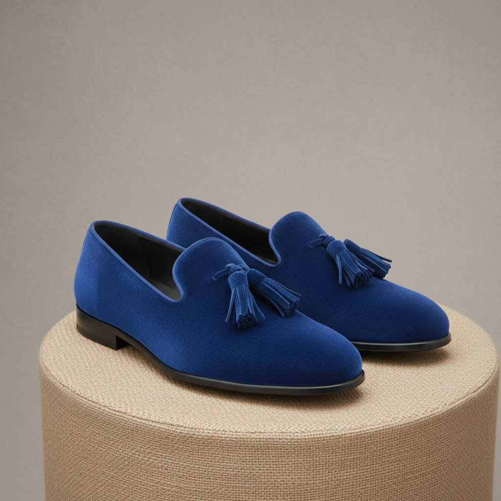 Handmade Mens Royal Blue Tassels Loafer Velvet Shoes, Men Blue Velvet Shoes - pedestal-view