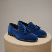 Handmade Mens Royal Blue Tassels Loafer Velvet Shoes, Men Blue Velvet Shoes - pedestal-view
