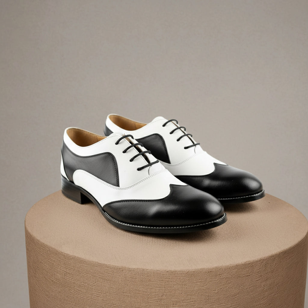 Handmade Mens Spectator Shoes, Men Black and White Lace Up Shoes, Shoes - pedestal-view