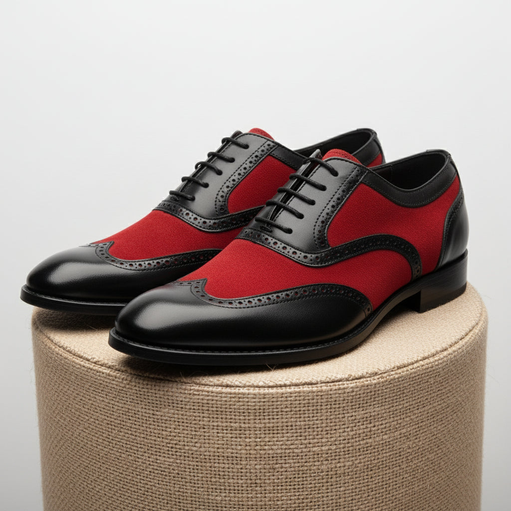 Handmade Two Tone Wingtip Brogue Party Shoes, Men Oxford Leather Dress Shoe - pedestal-view