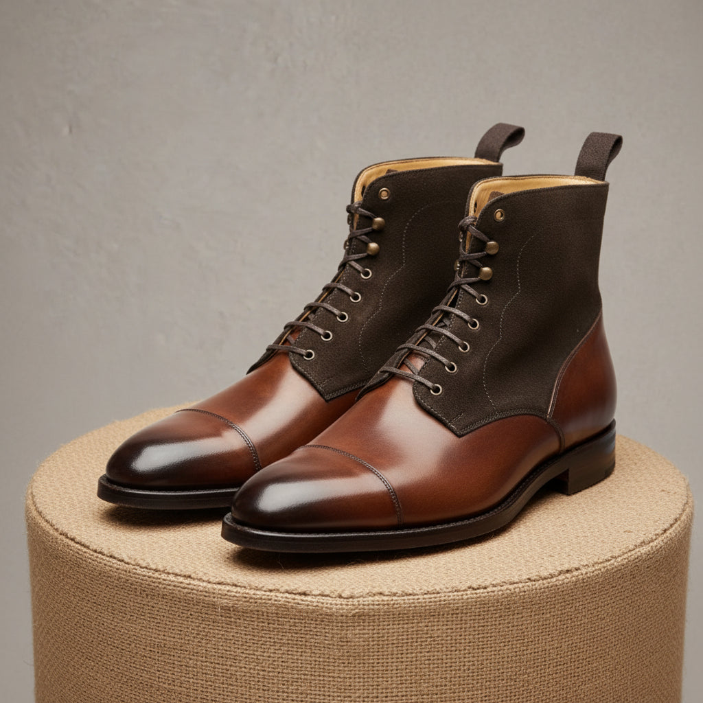 Men Brown Suede and Leather Lace Up Boots, Mens Fashion Leather Boots - pedestal-view