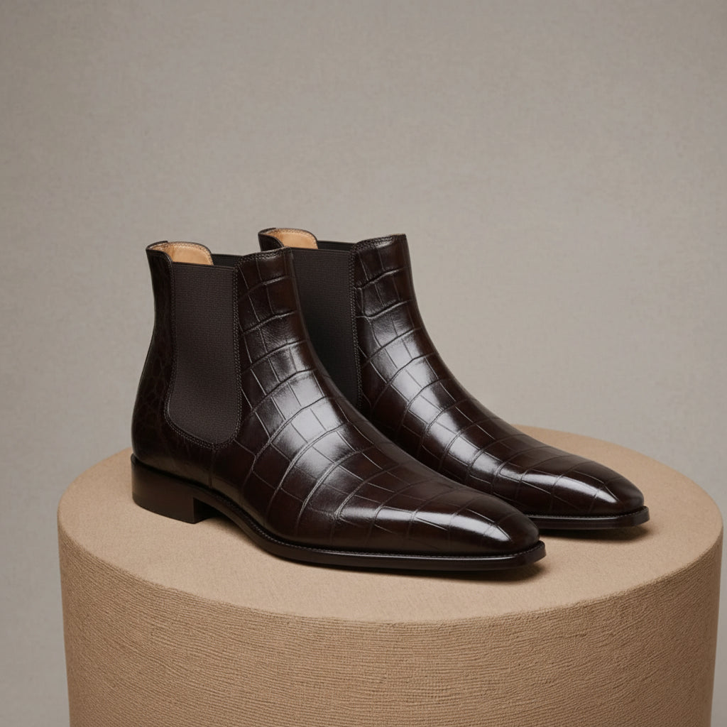 Men Crocodile Boots, Dark Brown Crocodile Texture Boots, Mens Boot - pedestal-view