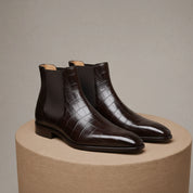 Men Crocodile Boots, Dark Brown Crocodile Texture Boots, Mens Boot - pedestal-view