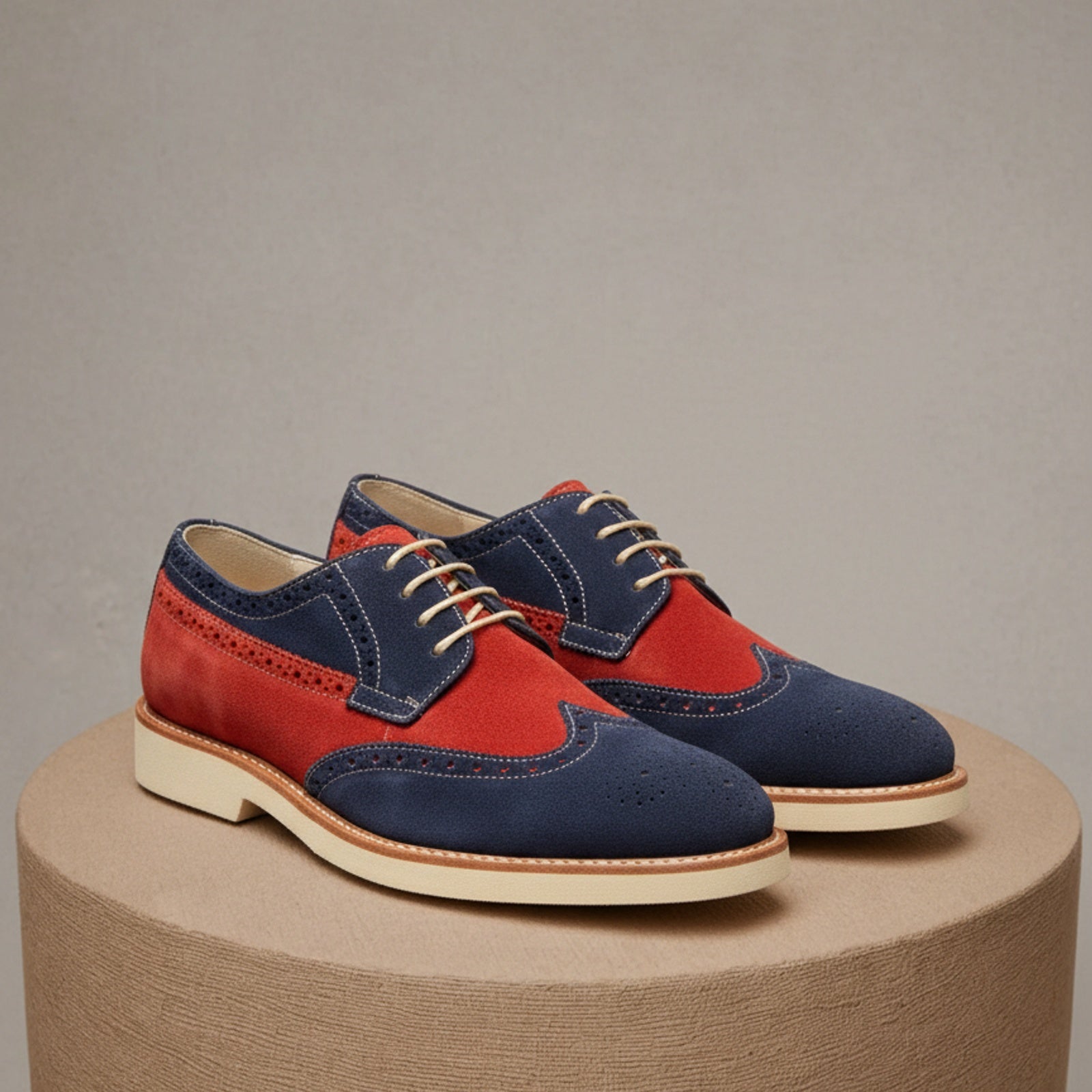 Men Two Tone Suede Leather Shoes, Derby Red and Navy Crepe Sole Shoes - pedestal-view
