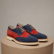 Men Two Tone Suede Leather Shoes, Derby Red and Navy Crepe Sole Shoes - pedestal-view