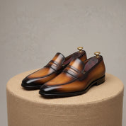Men's Almond Toe Moccasin Dress Shoes in Tan and Black Leather - pedestal-view