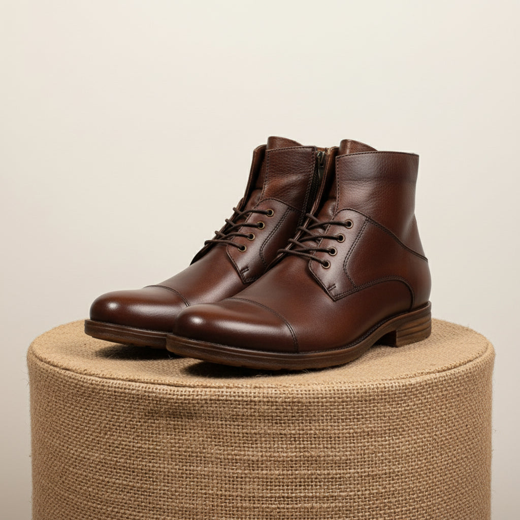 Men's Antique Brown Leather Ankle Boots with Side Zipper - pedestal-view