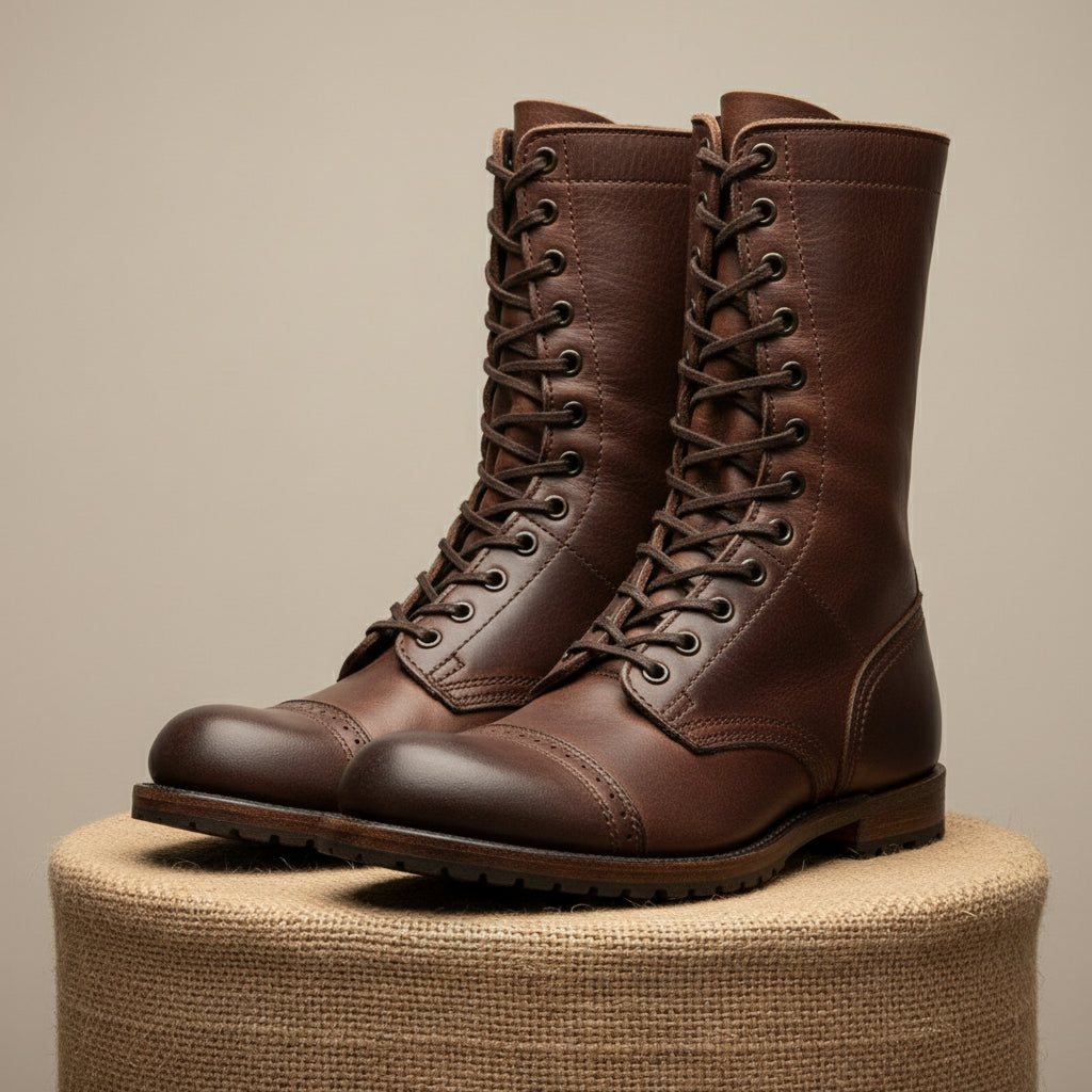 Men's Antique Brown Leather High Ankle Biker Boots - pedestal-view