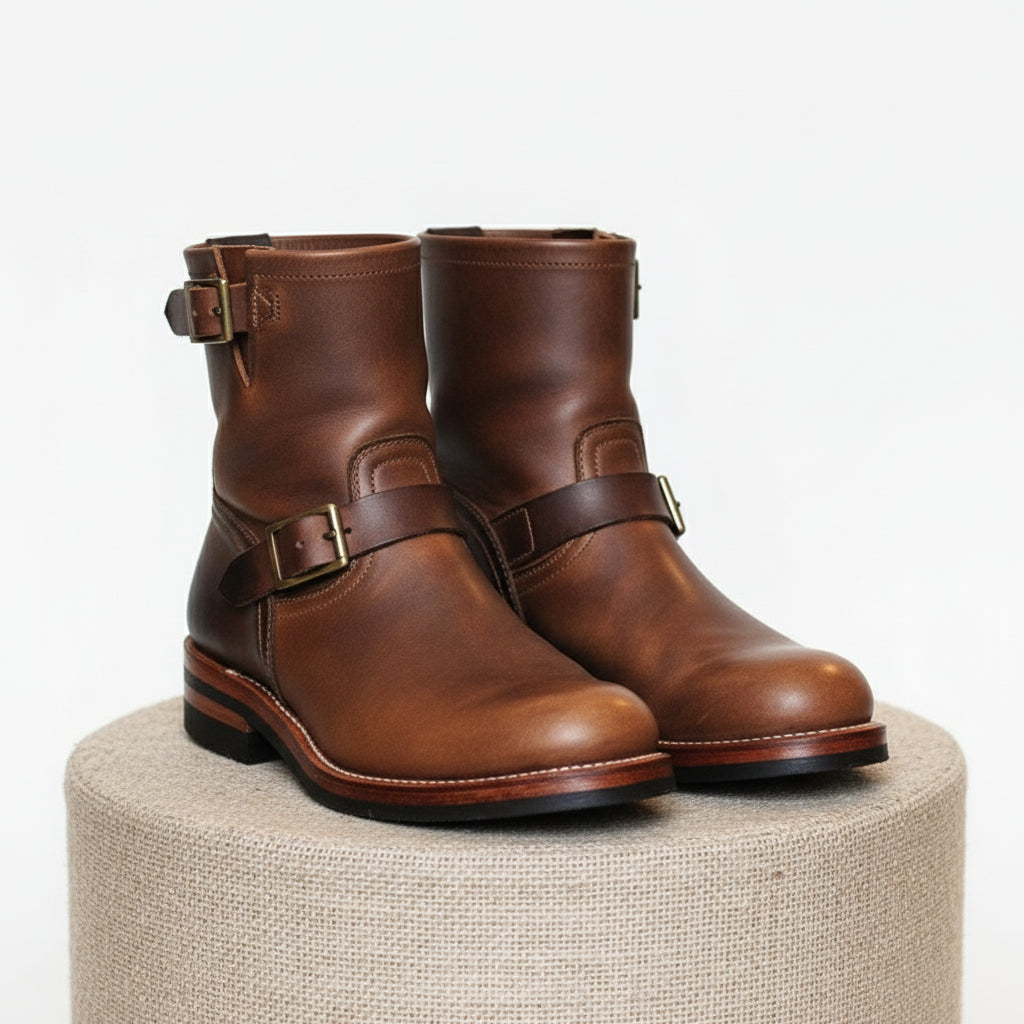 Men's Antique Brown Leather Motorcycle Boots - pedestal-view