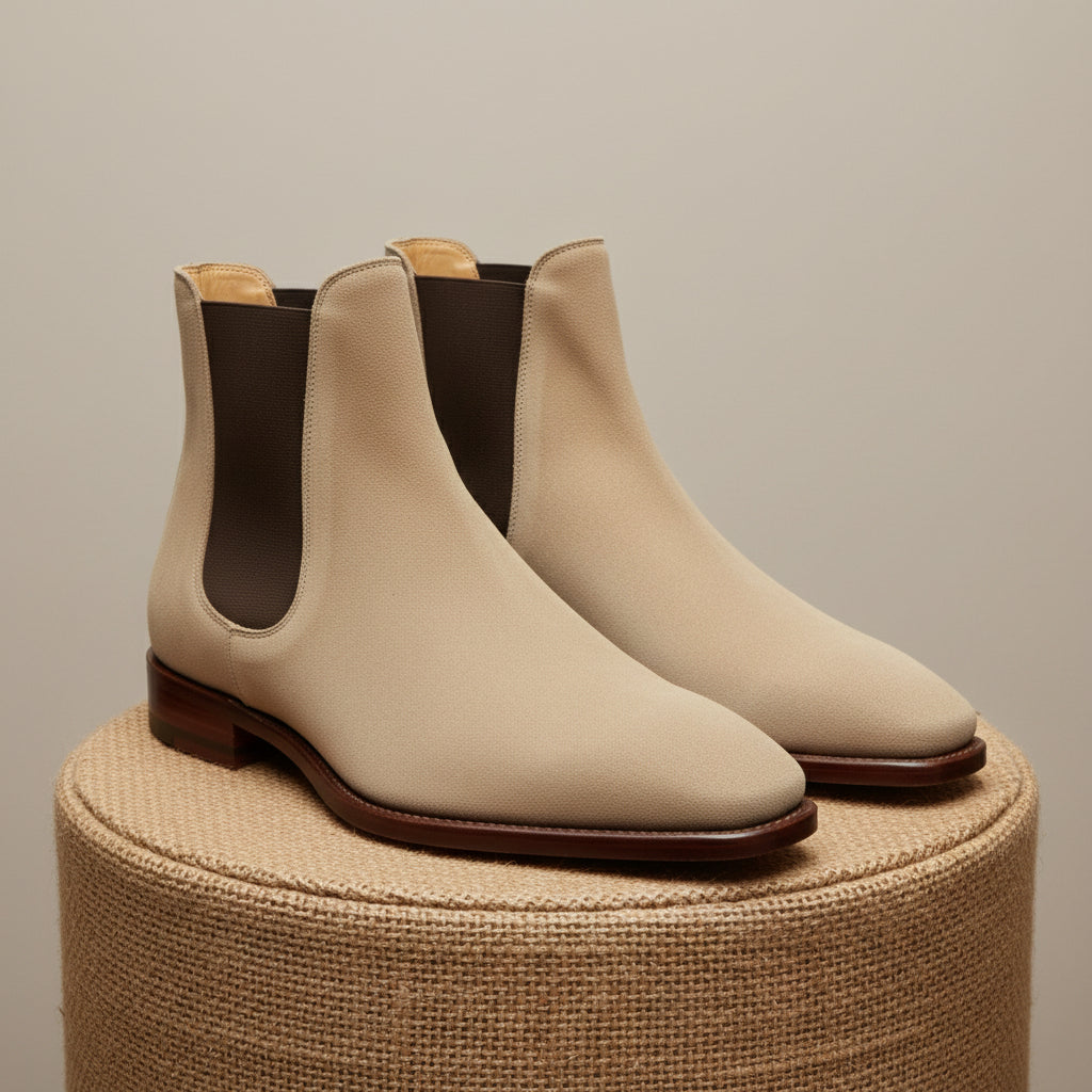 Men's Beige Suede Chelsea Ankle Boots - pedestal-view
