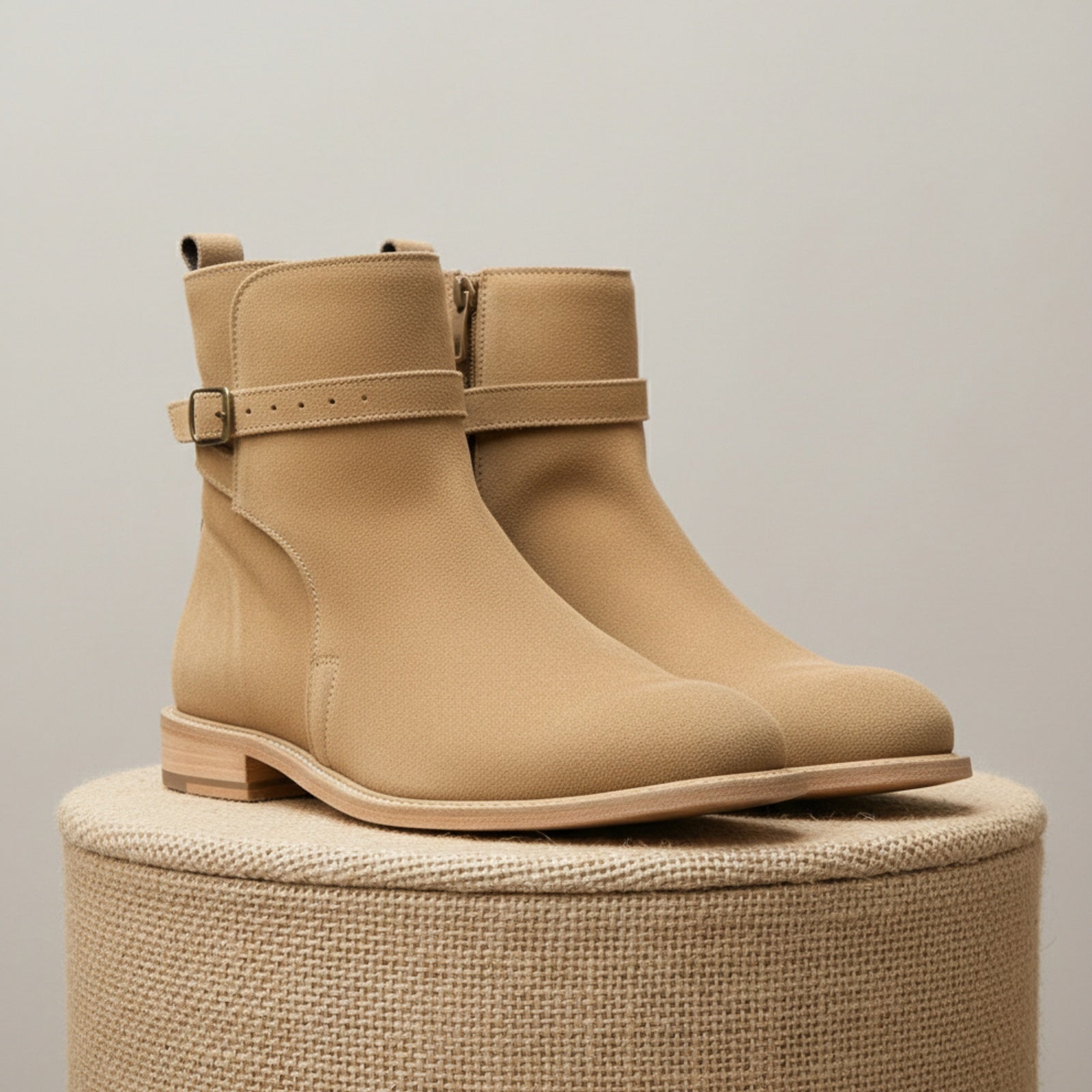 Men's Beige Suede Jodhpur Ankle Boots - Handmade Luxury Footwear - pedestal-view