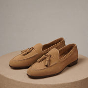 Men's Beige Suede Loafers - pedestal-view