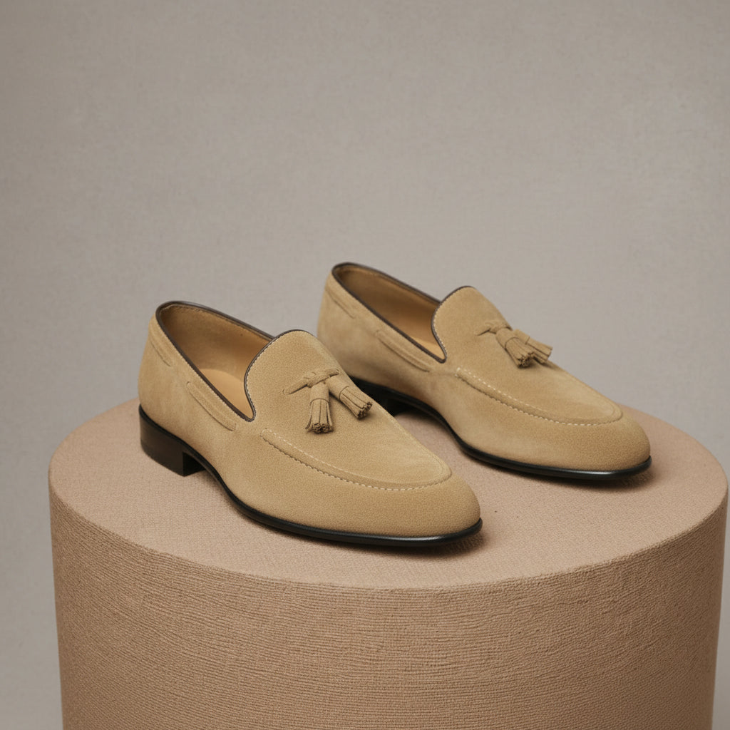 Men's Beige Suede Moccasins - pedestal-view