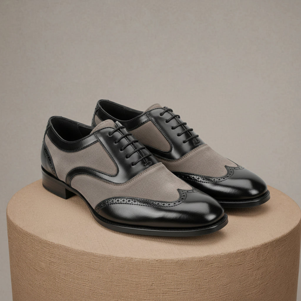 Men's Black and Gray Wingtip Brogue Tuxedo Dress Shoes - pedestal-view