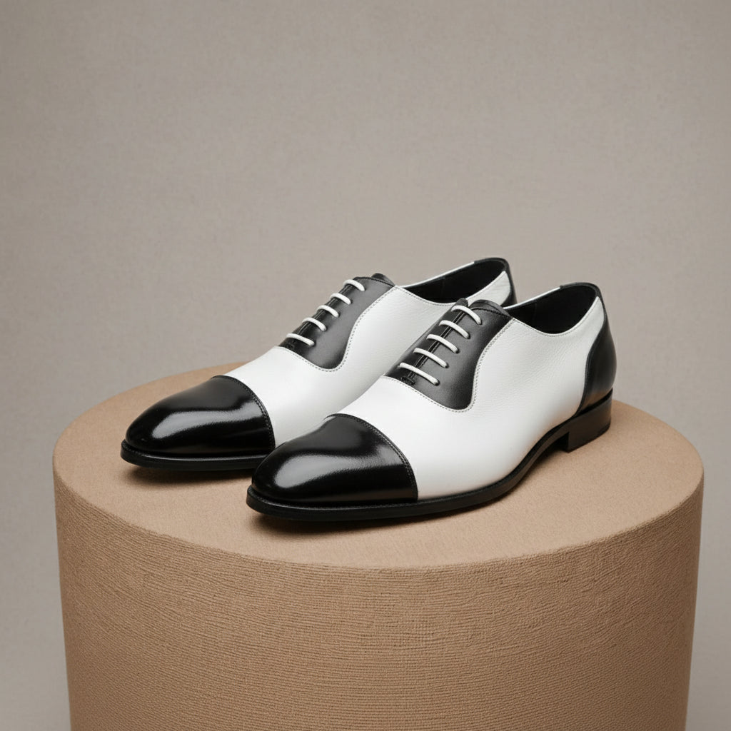 Men's Black and White Spectator Dress Shoes - pedestal-view