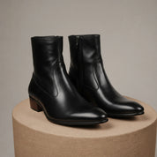 Men's Black Ankle Leather Boots with Side Zipper - pedestal-view