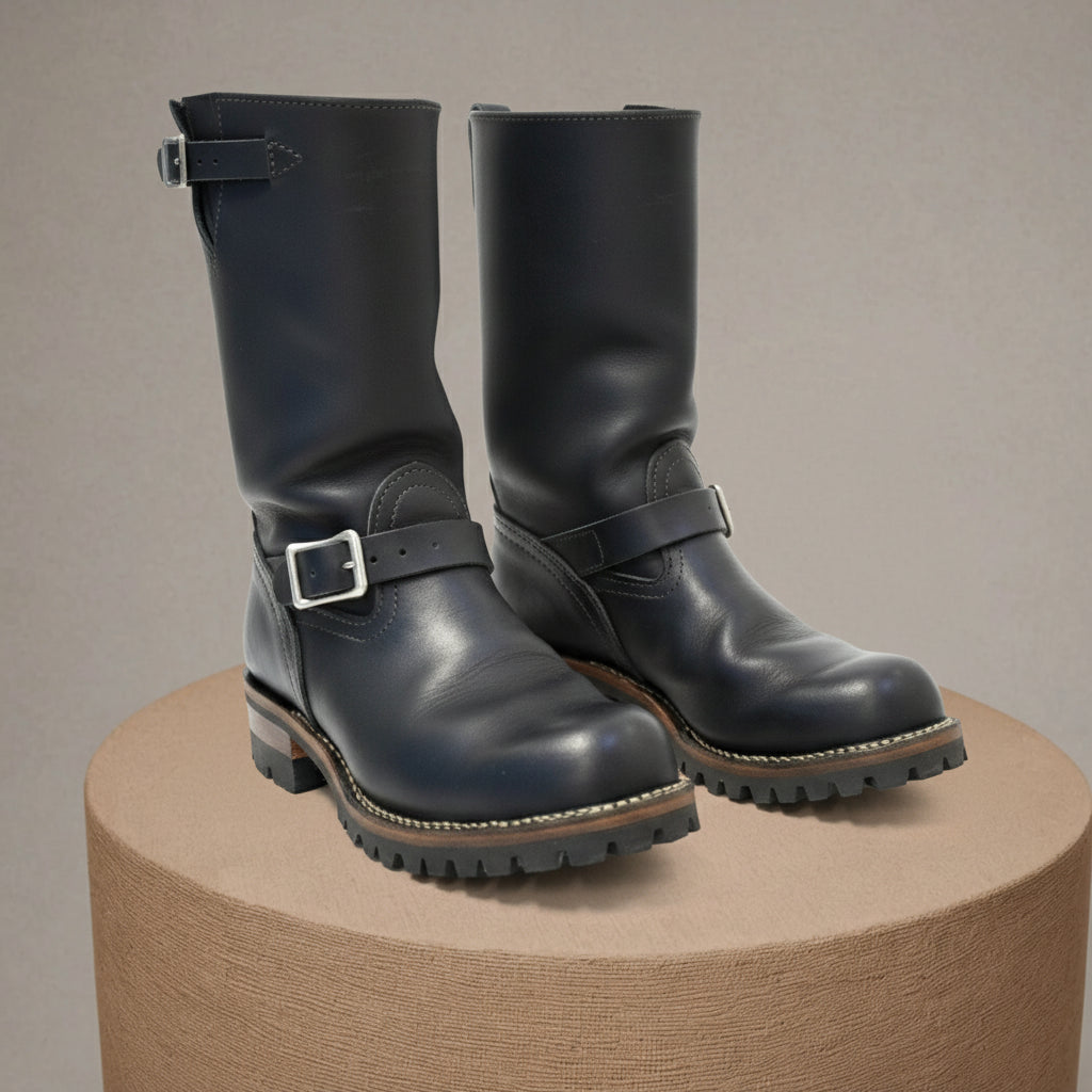 Men's Black Biker Leather Boots - pedestal-view