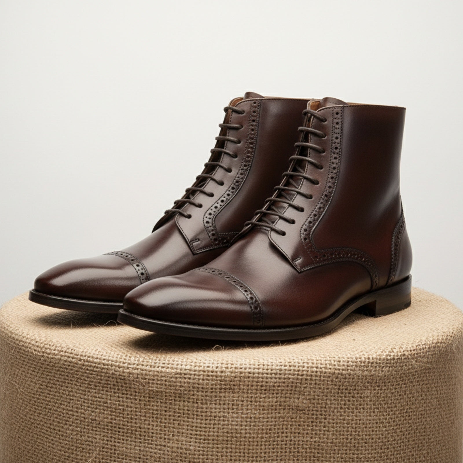 Men's Black Cap Toe Ankle Leather Lace-up Boots - pedestal-view