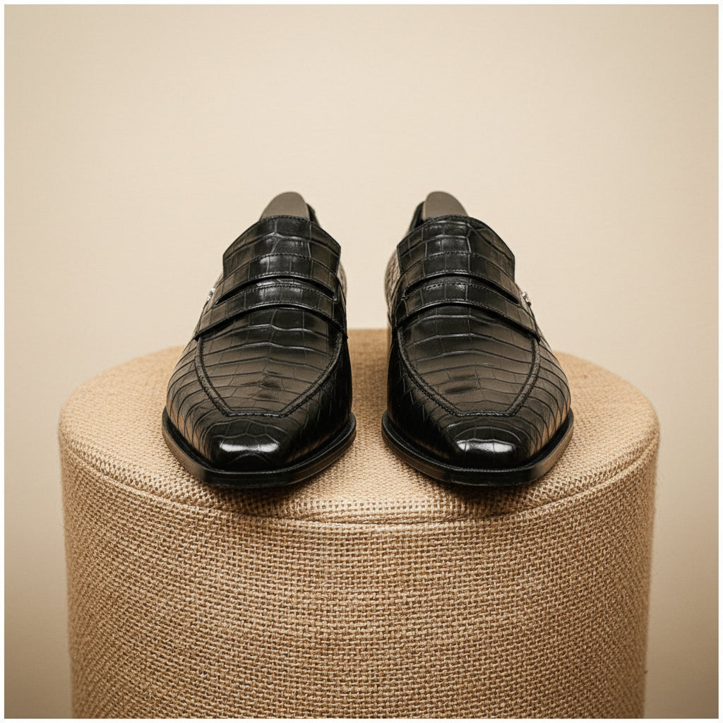 Men's Black Crocodile Embossed Leather Moccasins - pedestal-view