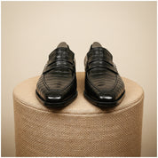 Men's Black Crocodile Embossed Leather Moccasins - pedestal-view